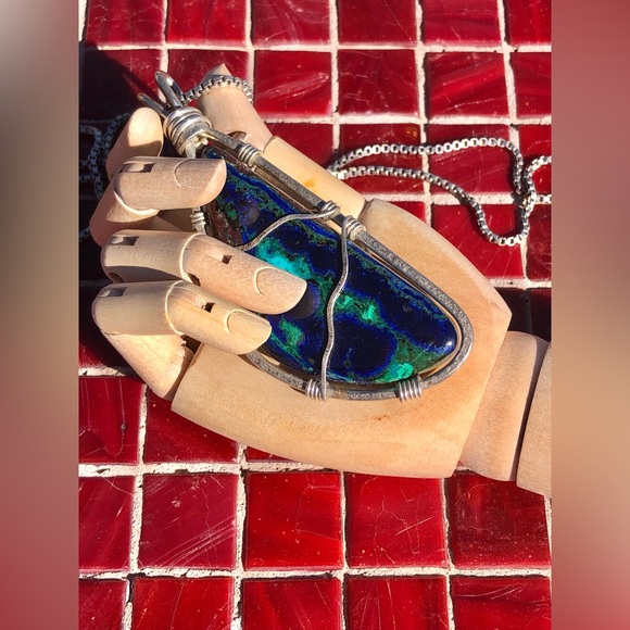 Handcrafted Silver Inlaid Chrysocolla Mineral Necklace - Picture 12 of 14